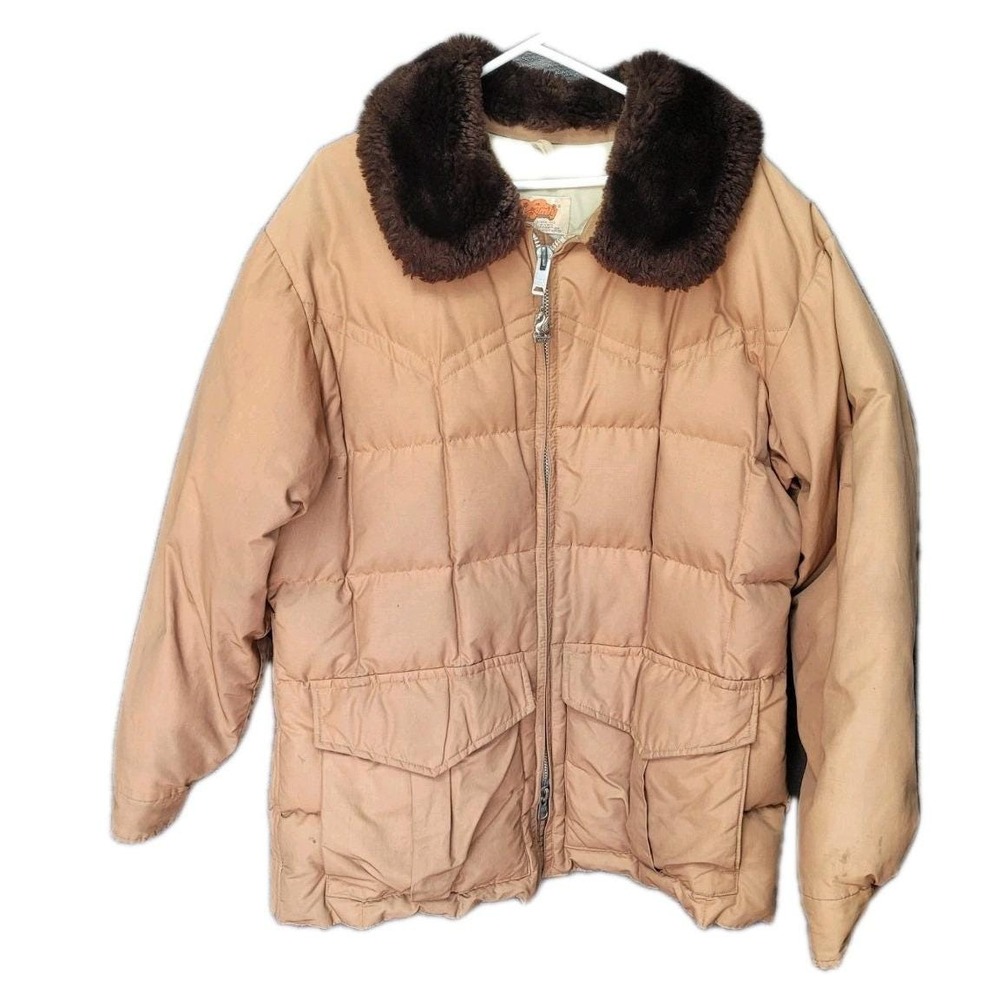 True Vintage Comfy Goose Down Jacket Coat Men XL "Fur" Collar Puffer USA 70s 60s